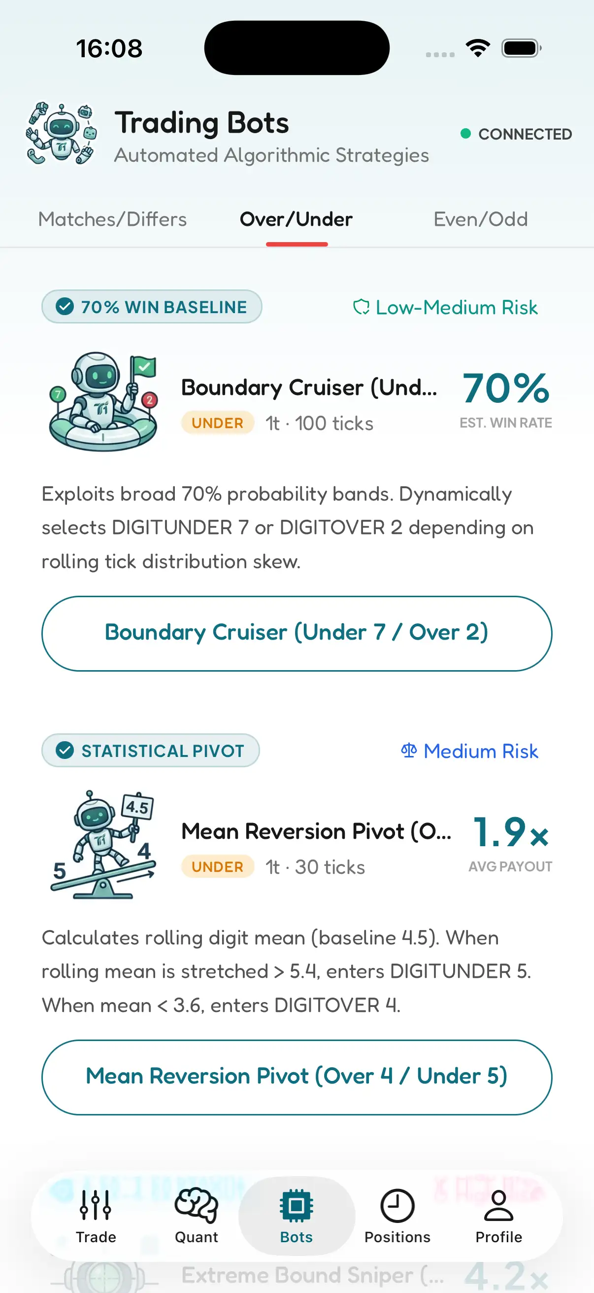 TraderKit One Prebuilt Deriv Automated Trading Bots selection interface for Volatility indices