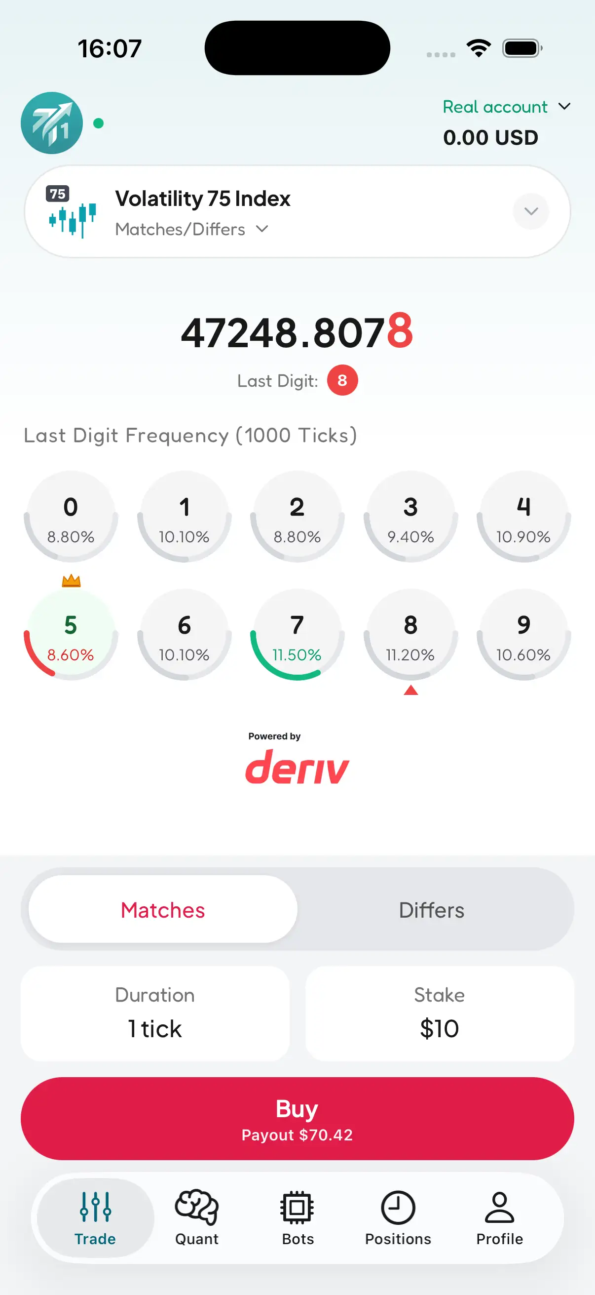 TraderKit One Deriv Options Mobile Dashboard showing account balance and synthetic indices